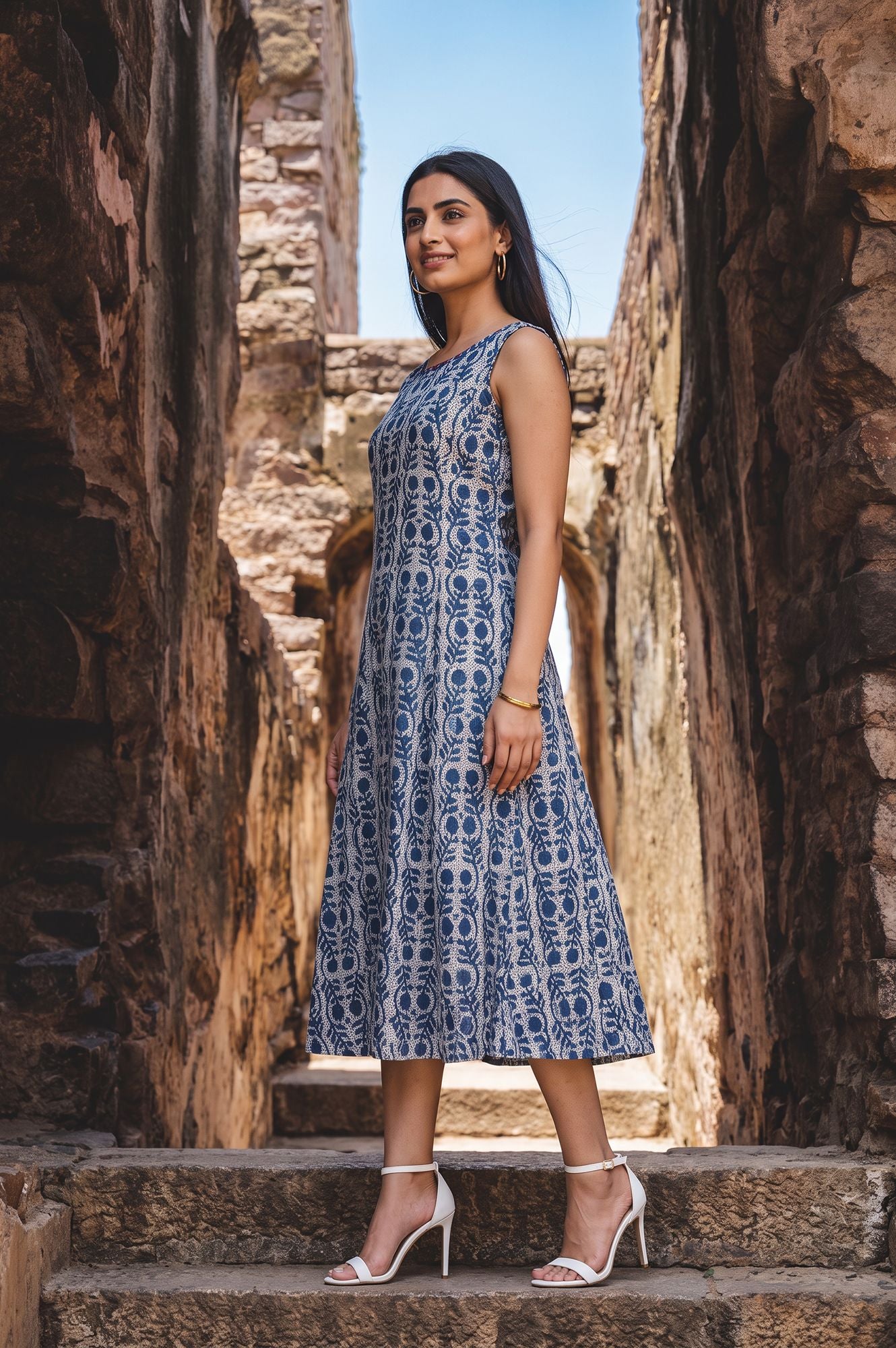 White Block Printed Sleeveless Pure Cotton Flared Dress