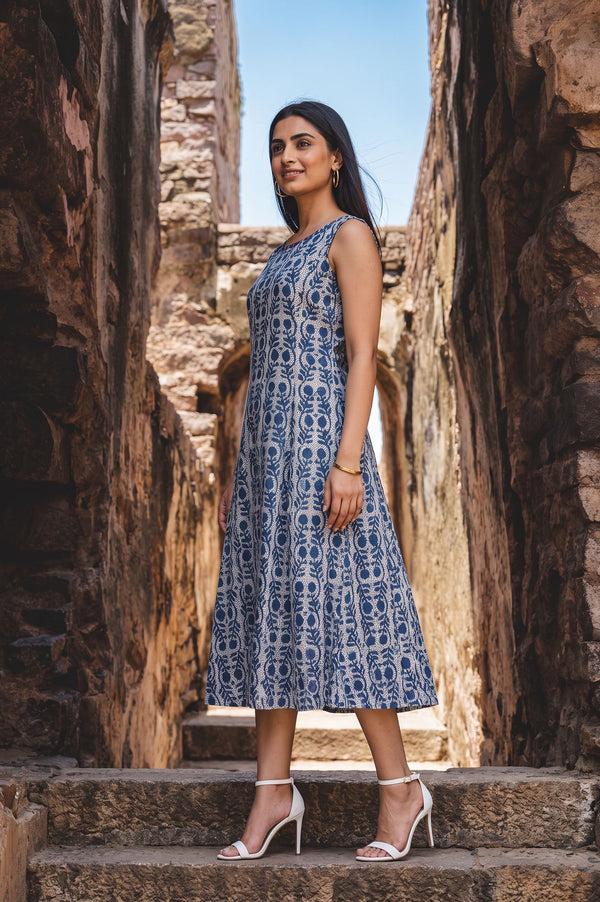 White Block Printed Sleeveless Pure Cotton Flared Dress