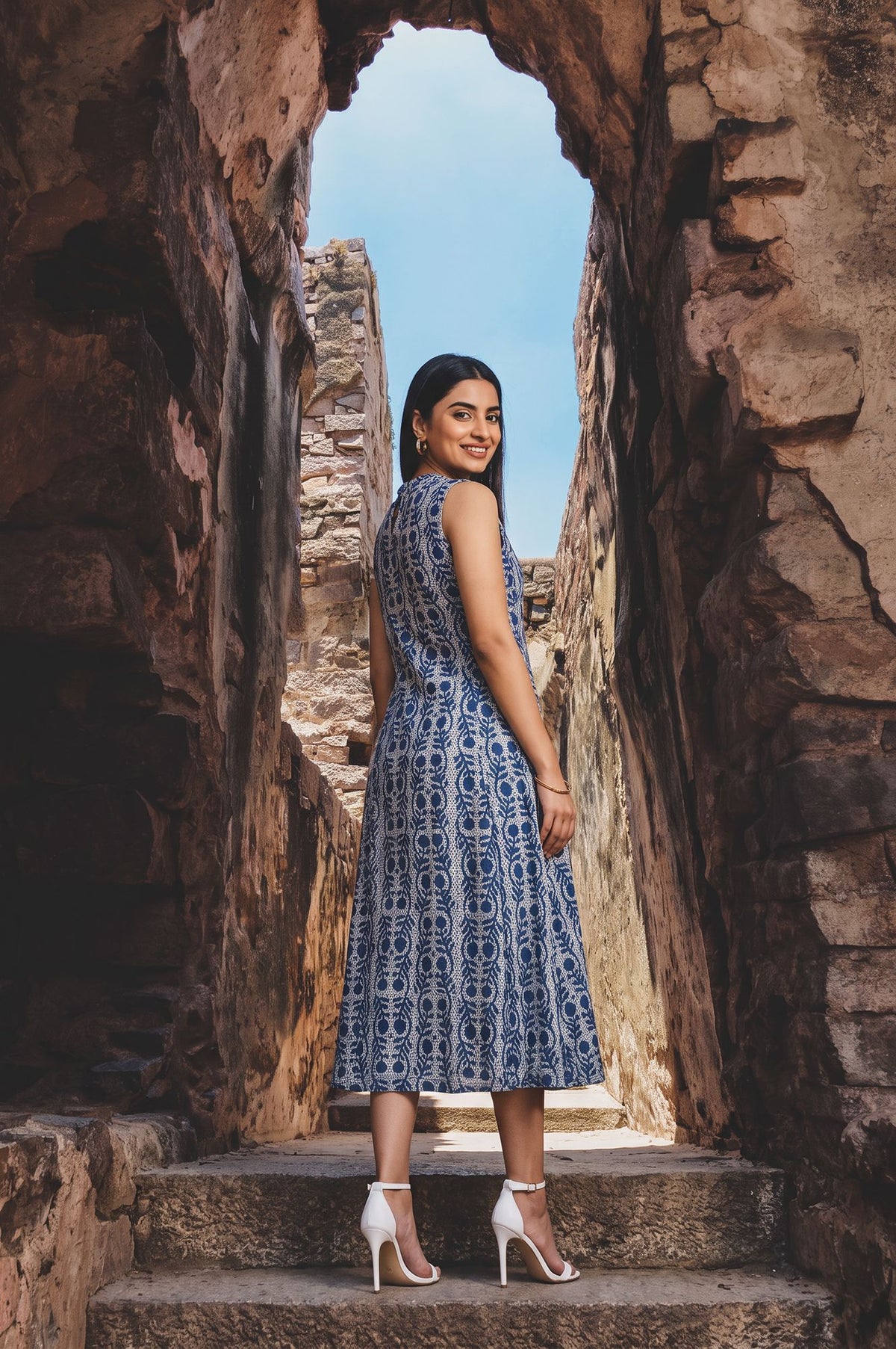 White Block Printed Sleeveless Pure Cotton Flared Dress