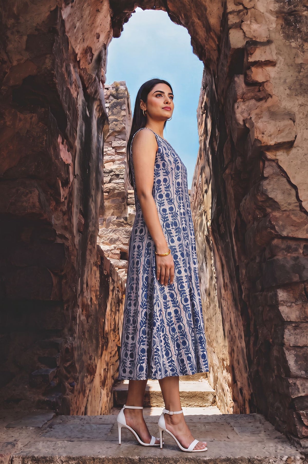 White Block Printed Sleeveless Pure Cotton Flared Dress