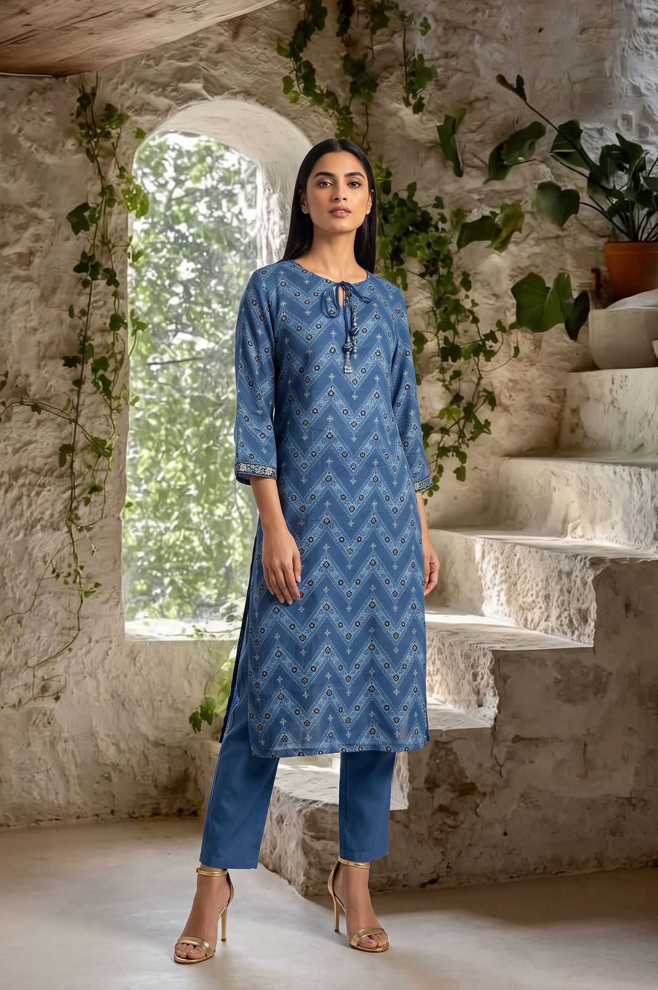 Blue Chevron Printed Modal Satin Straight Kurta