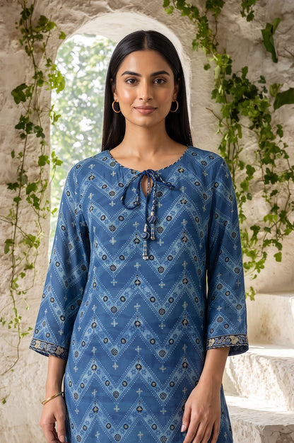 Blue Chevron Printed Modal Satin Straight Kurta