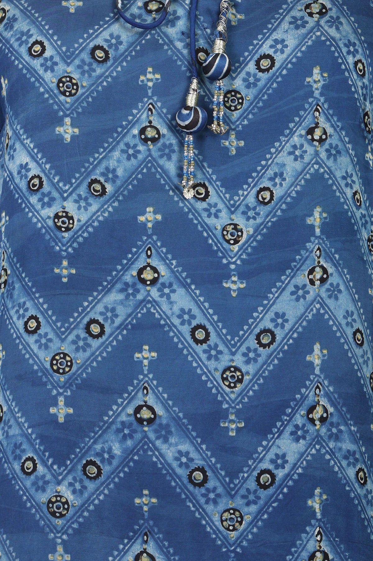 Blue Chevron Printed Modal Satin Straight Kurta