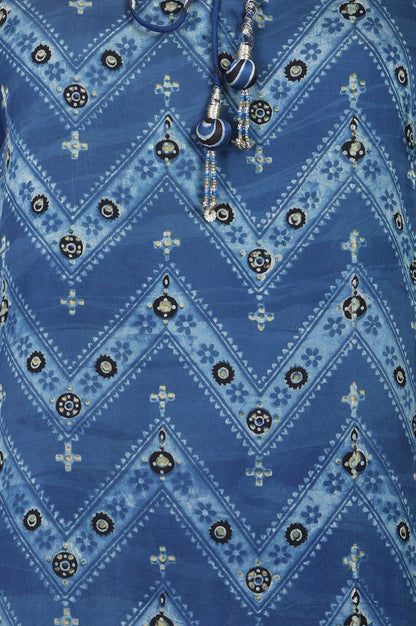 Blue Chevron Printed Modal Satin Straight Kurta