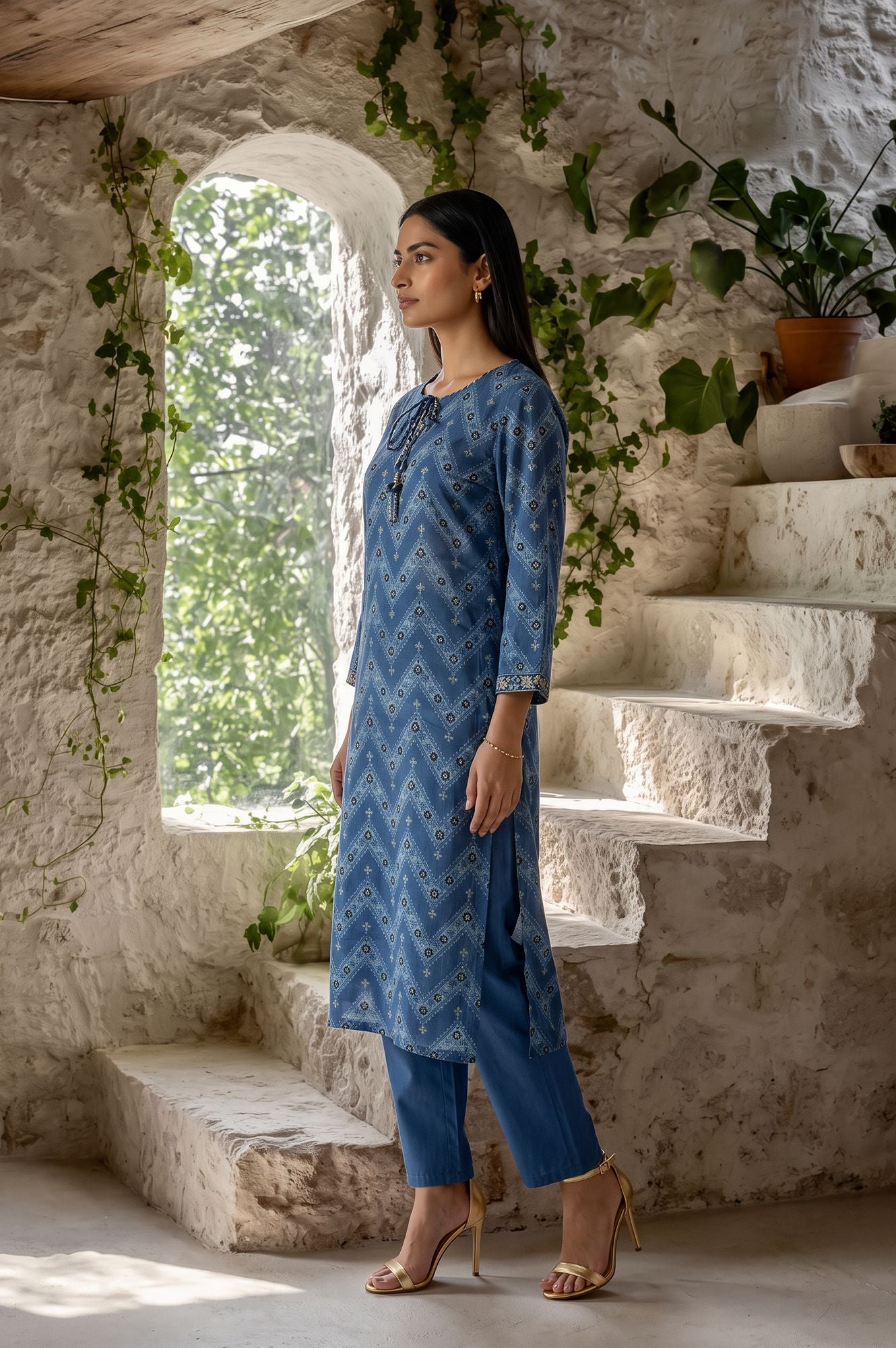 Blue Chevron Printed Modal Satin Straight Kurta