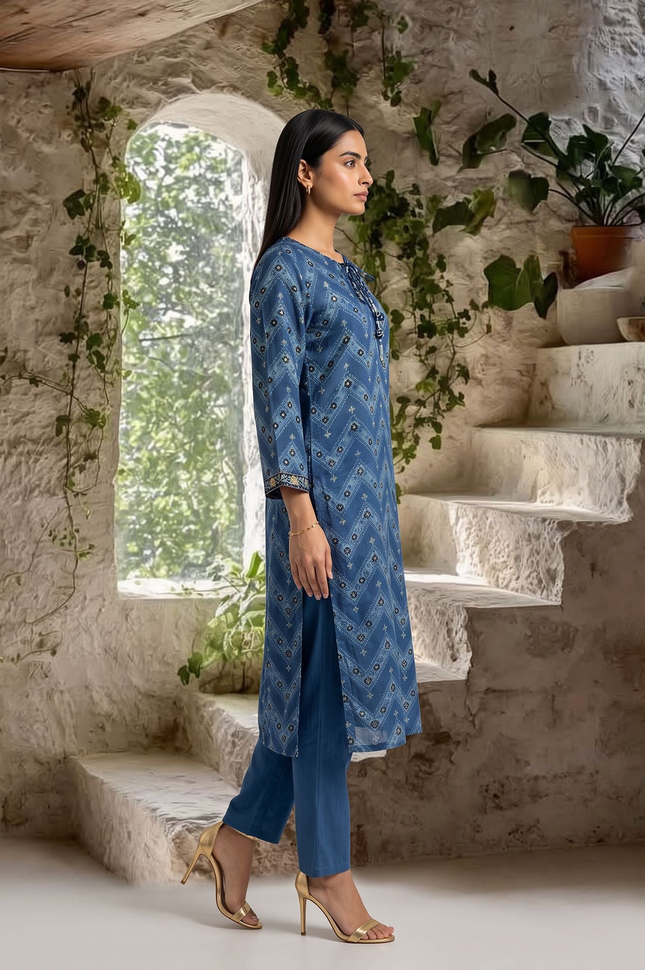 Blue Chevron Printed Modal Satin Straight Kurta