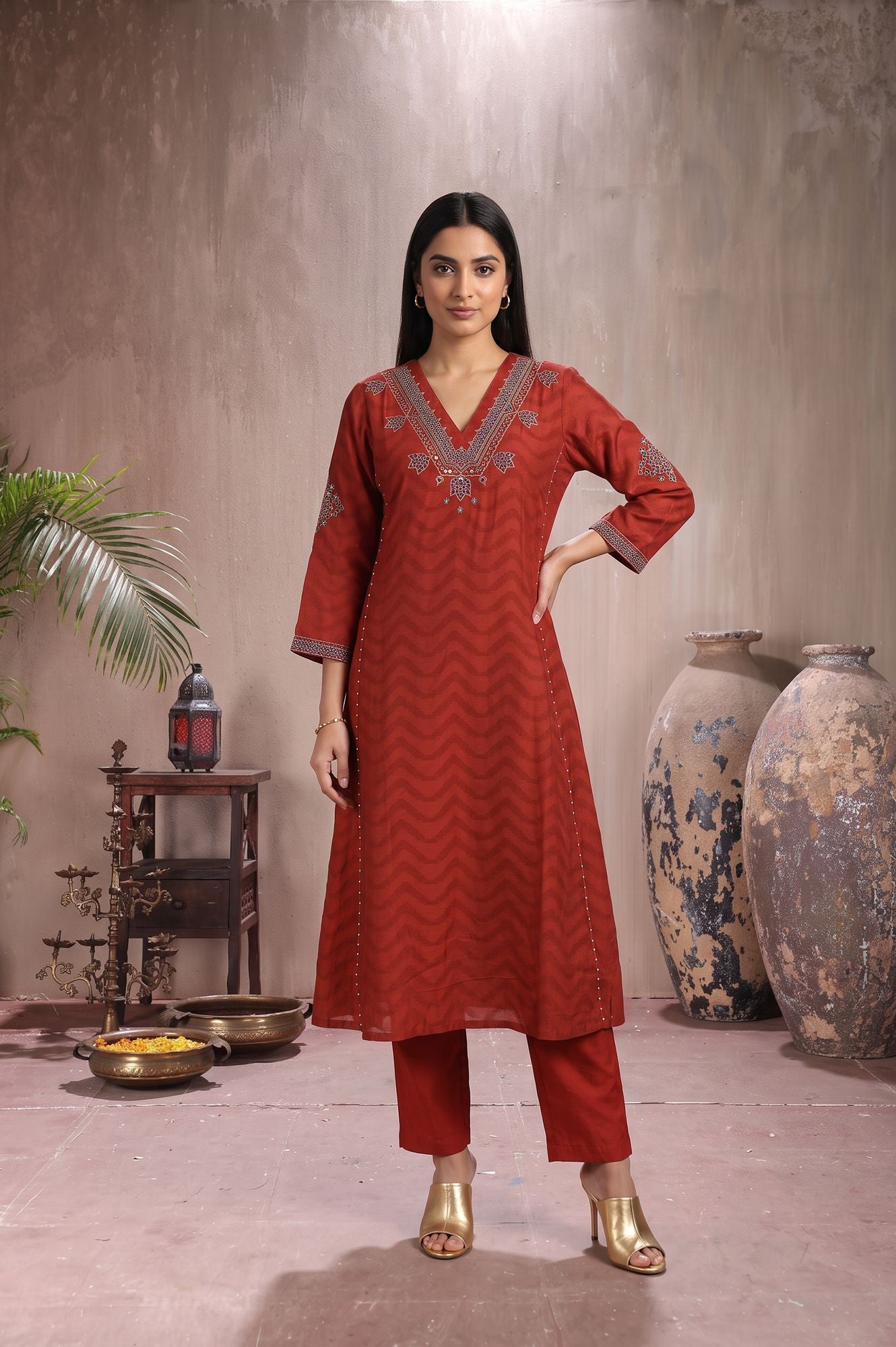 Rust Mirror Work Pure Cotton Straight Kurta