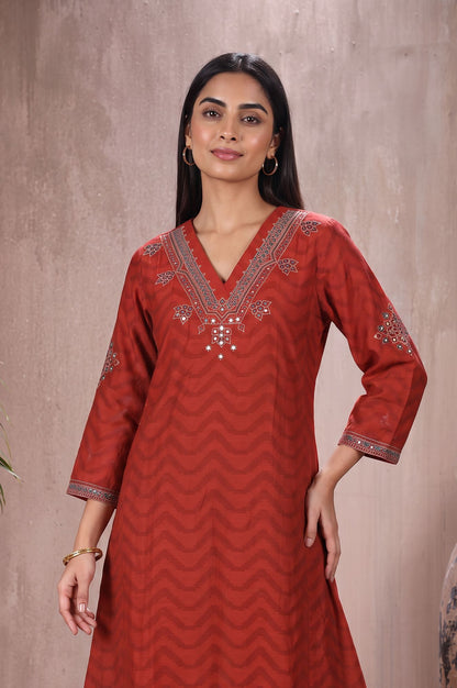 Rust Mirror Work Pure Cotton Straight Kurta
