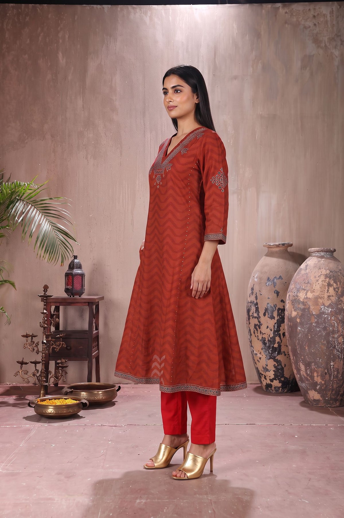 Rust Mirror Work Pure Cotton Straight Kurta