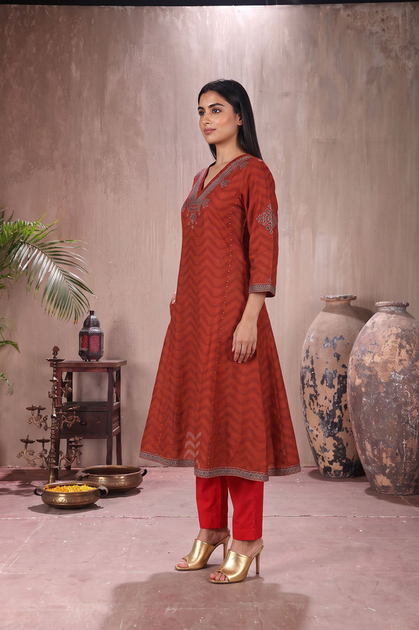Rust Mirror Work Pure Cotton Straight Kurta
