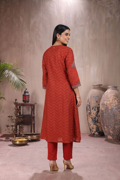 Rust Mirror Work Pure Cotton Straight Kurta