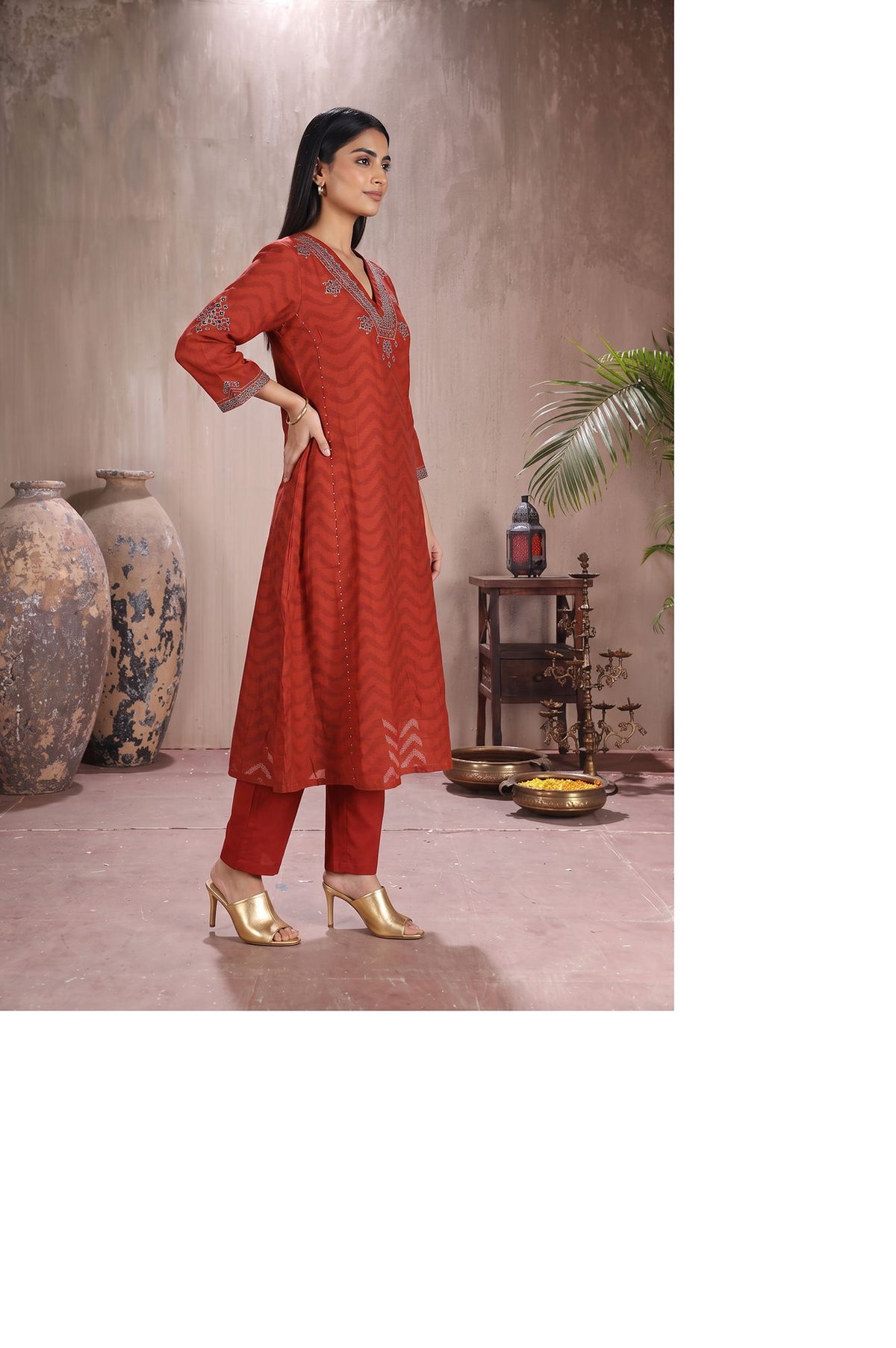 Rust Mirror Work Pure Cotton Straight Kurta