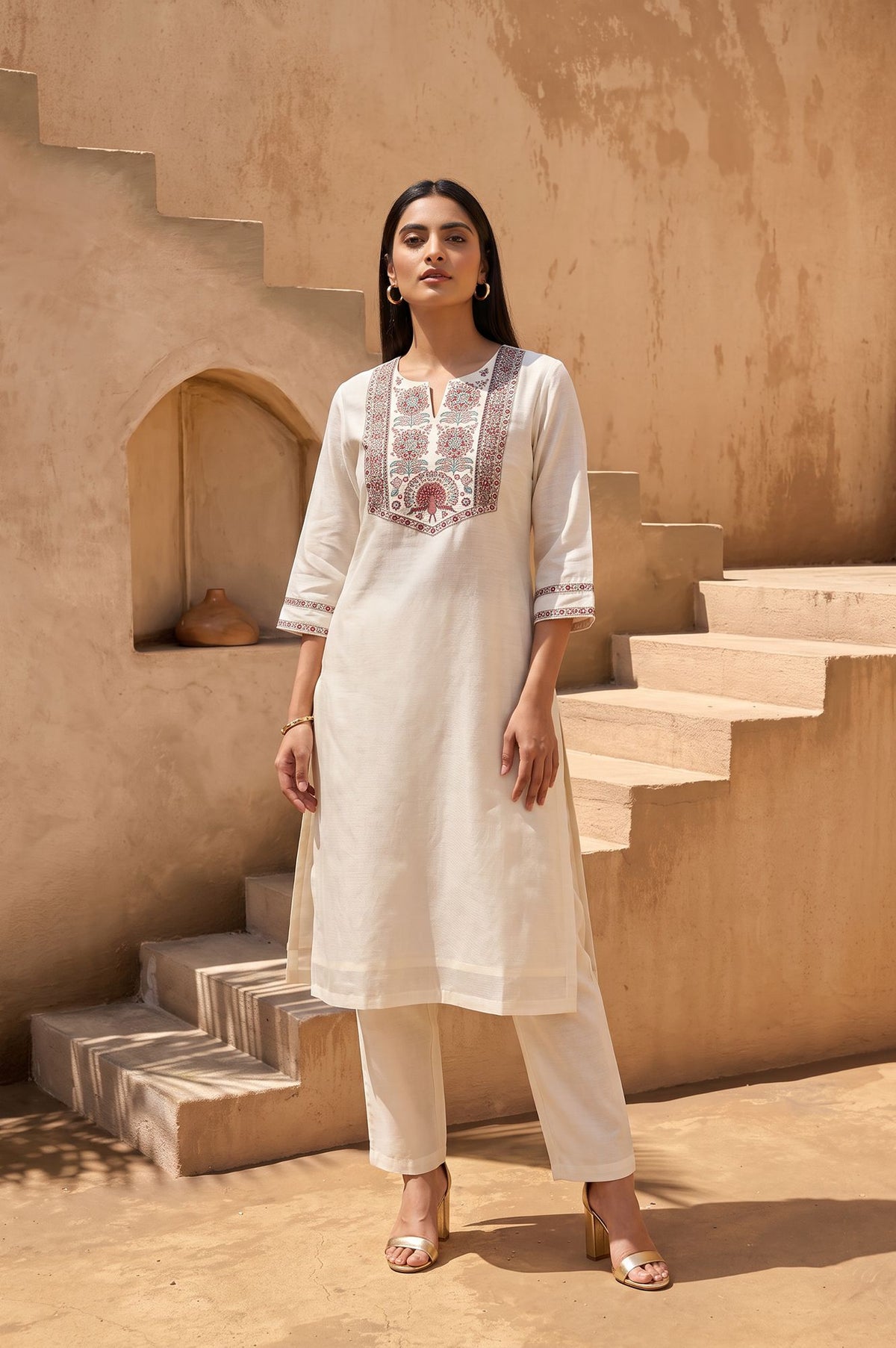 Off White Embroidered Cotton Silk Straight Kurta