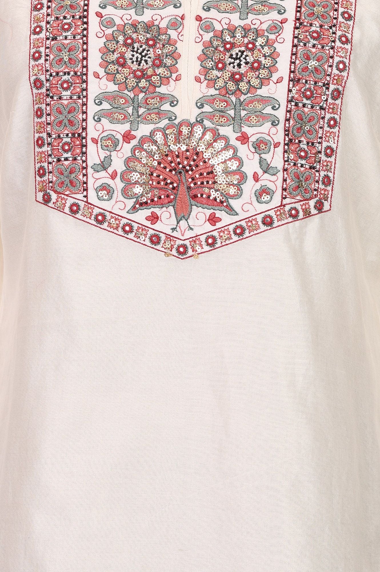 Off White Embroidered Cotton Silk Straight Kurta