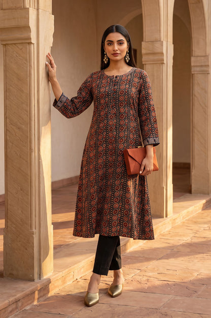 Black Ajrak Printed Embroidered Modal A-line Kurta