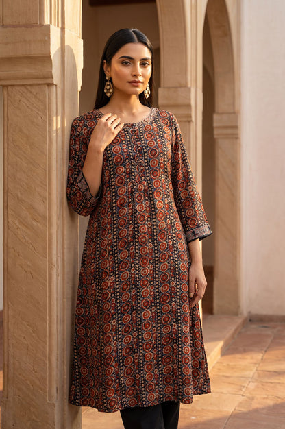 Black Ajrak Printed Embroidered Modal A-line Kurta