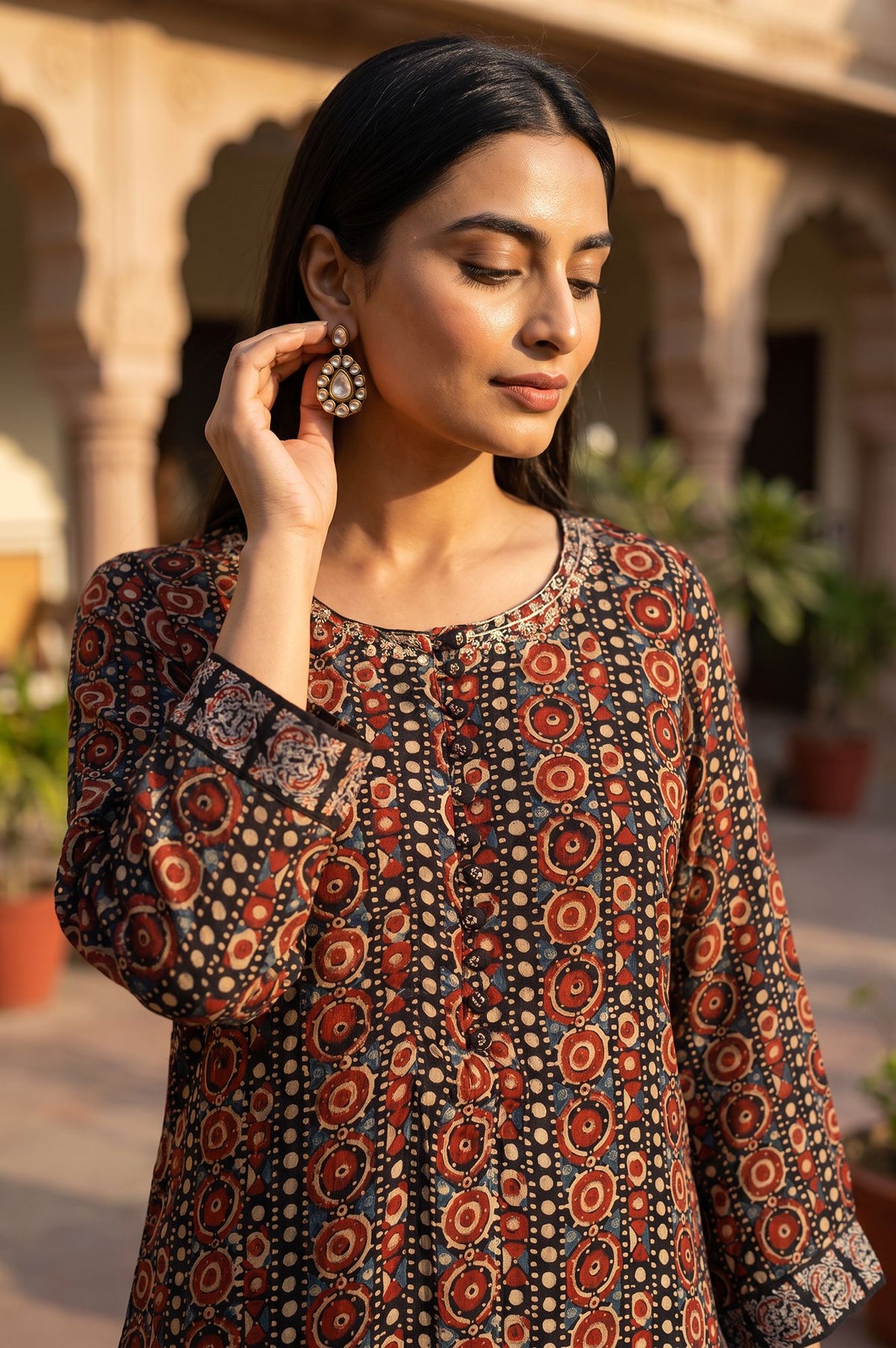 Black Ajrak Printed Embroidered Modal A-line Kurta