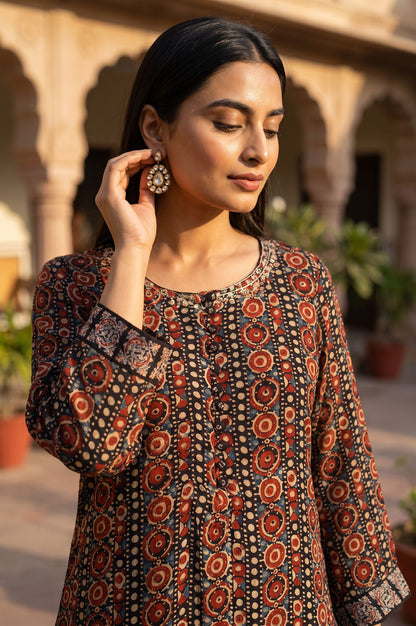 Black Ajrak Printed Embroidered Modal A-line Kurta