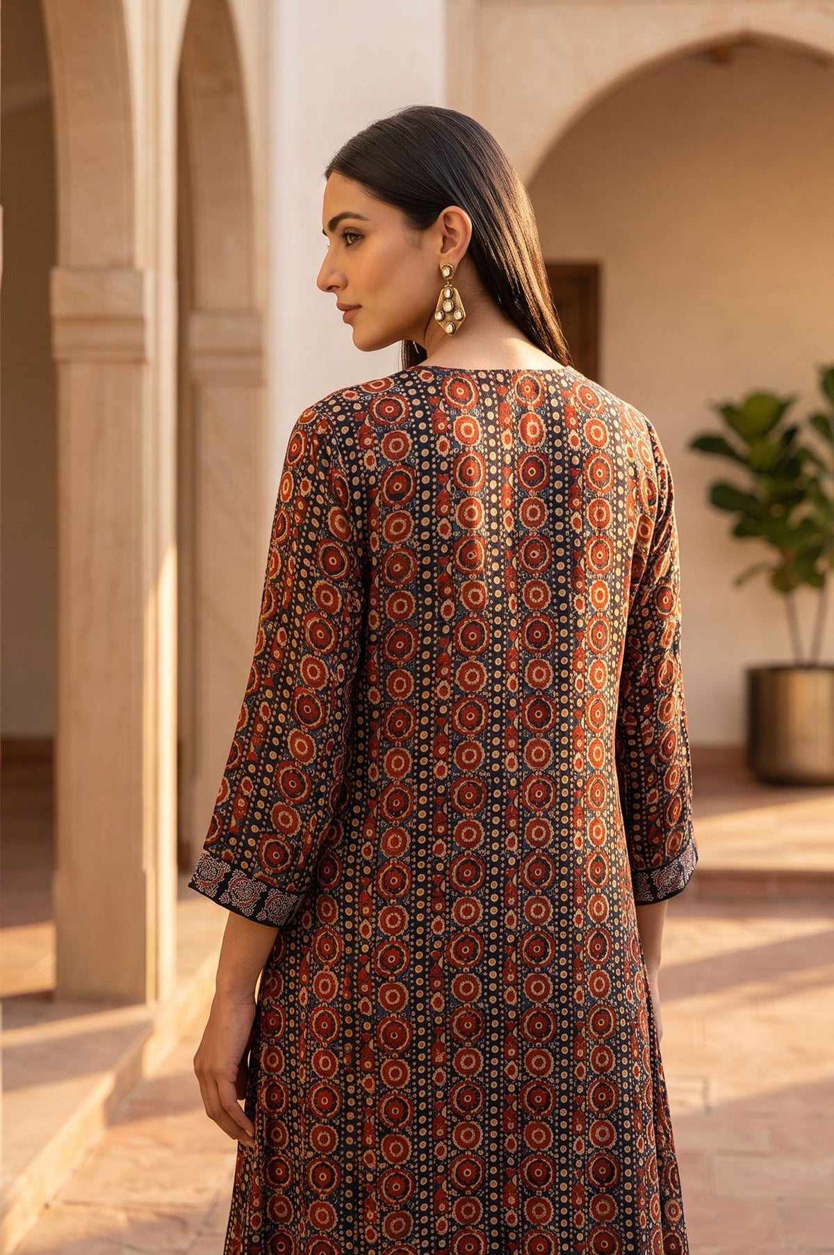 Black Ajrak Printed Embroidered Modal A-line Kurta