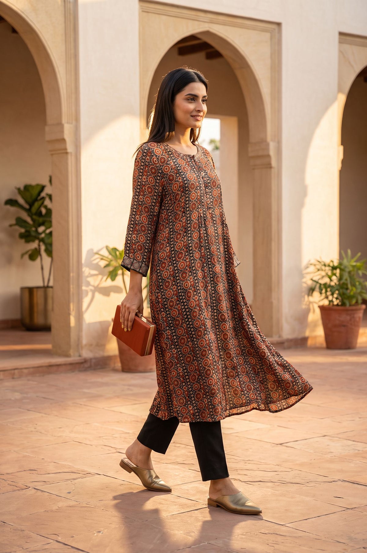 Black Ajrak Printed Embroidered Modal A-line Kurta