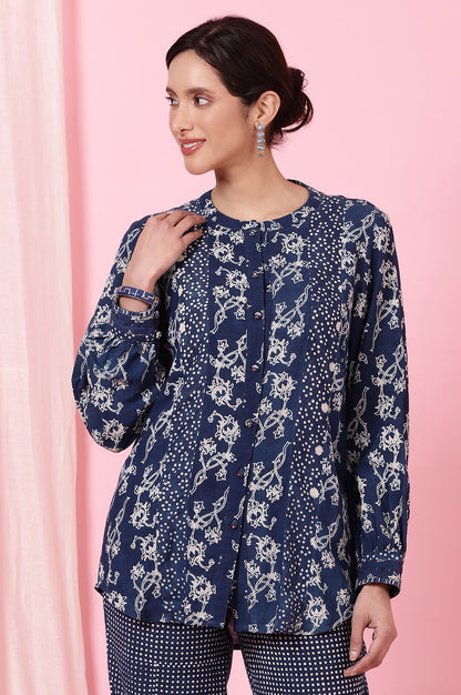 Indigo Dabu Printed Shirt In Cotton Slub