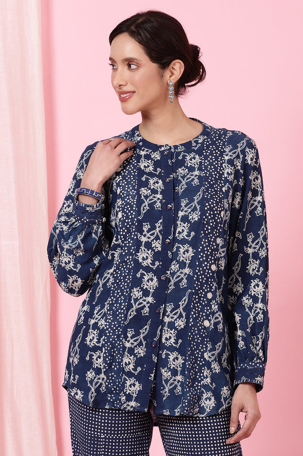 Indigo Dabu Printed Shirt In Cotton Slub