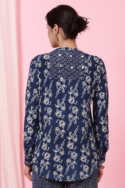 Indigo Dabu Printed Shirt In Cotton Slub