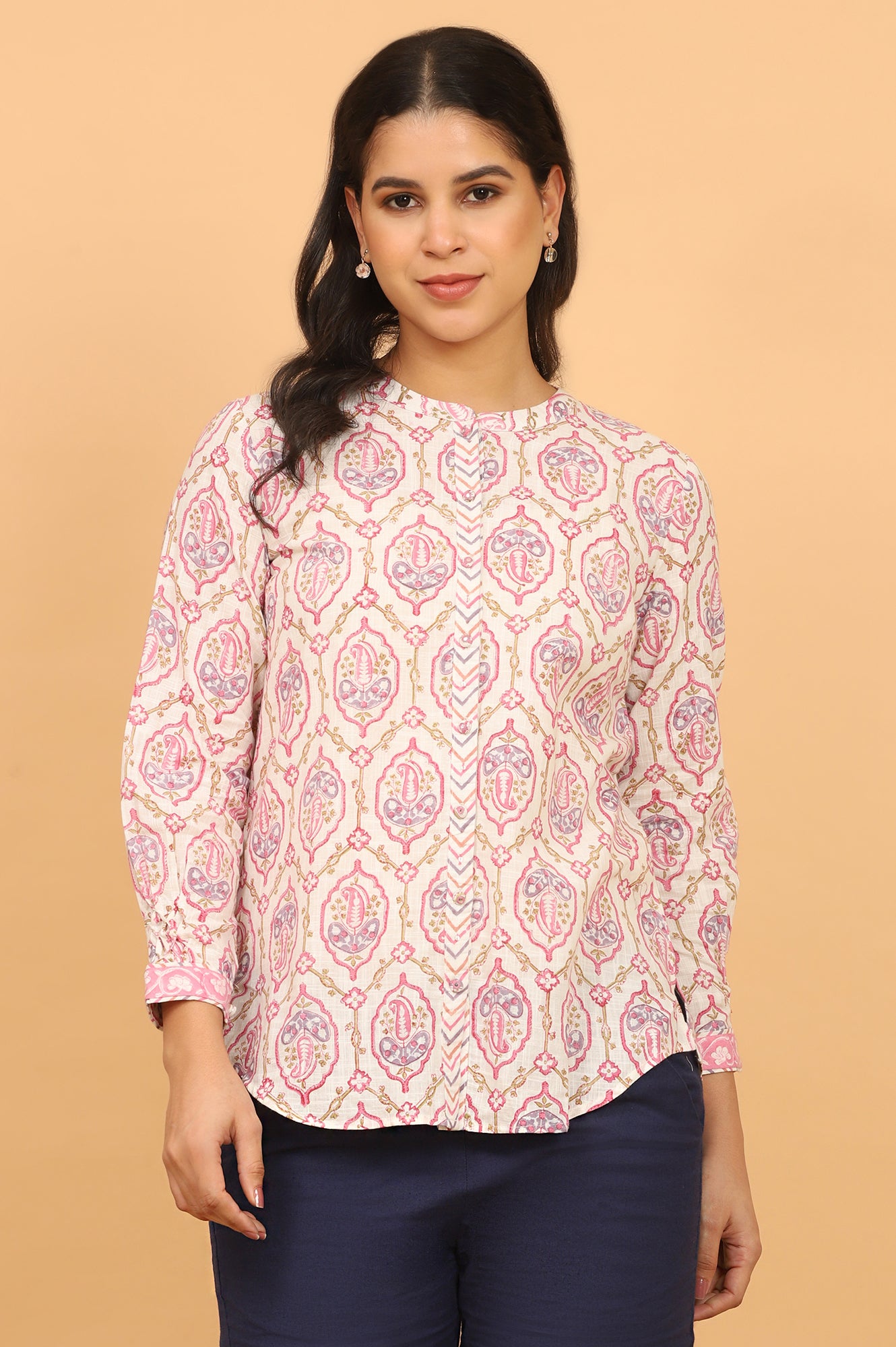 Pink and White Handblock Printed Shirt