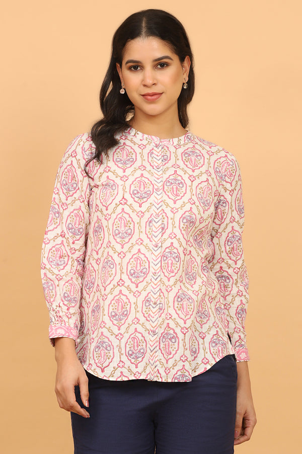 Pink and White Handblock Printed Shirt