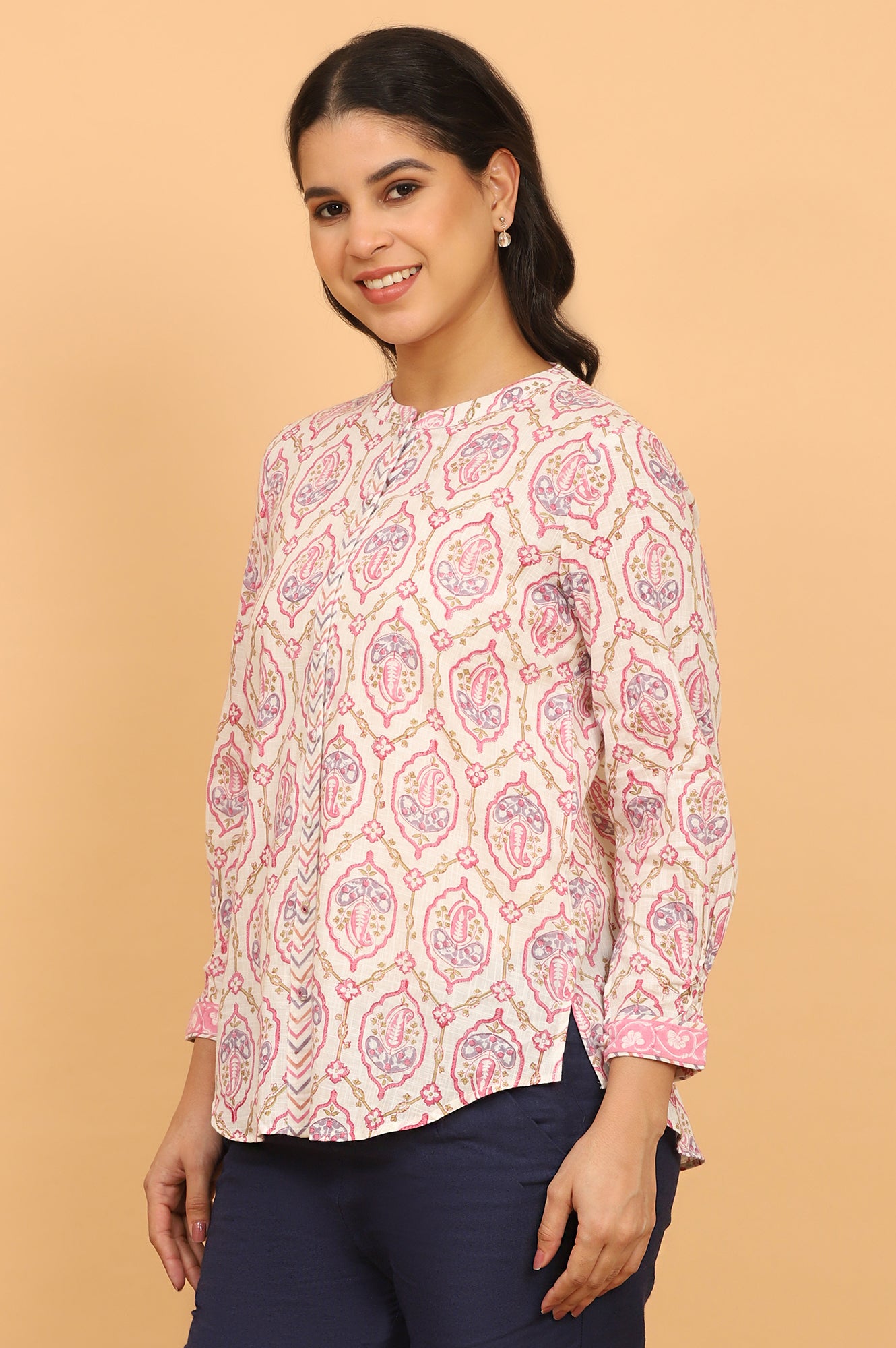 Pink and White Handblock Printed Shirt