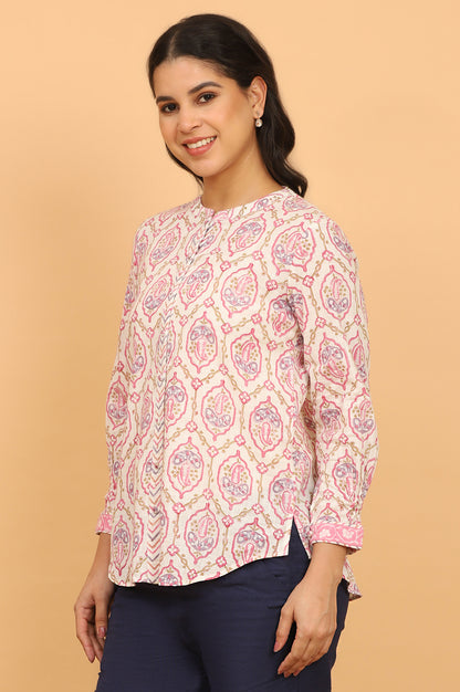 Pink and White Handblock Printed Shirt
