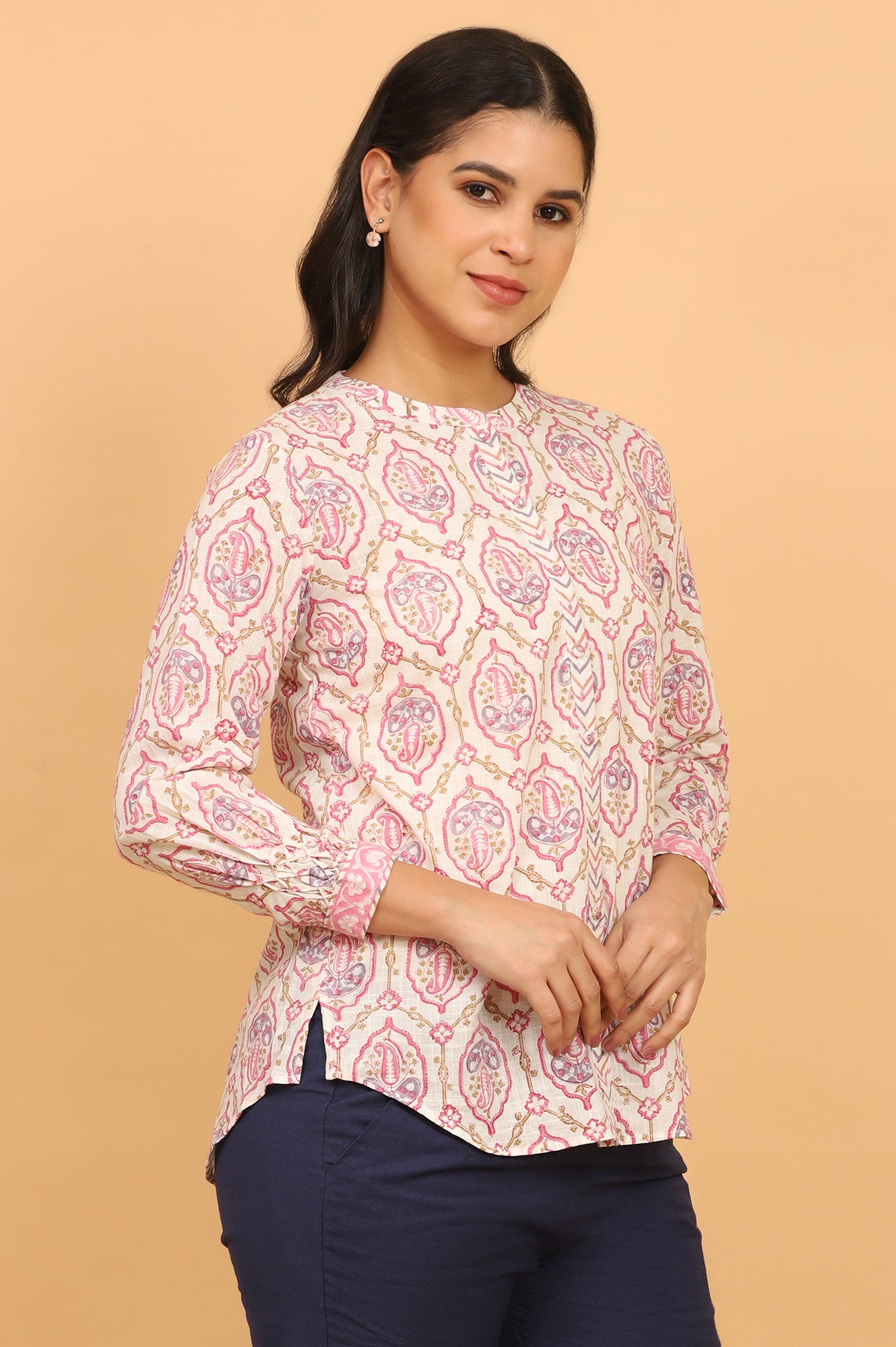 Pink and White Handblock Printed Shirt