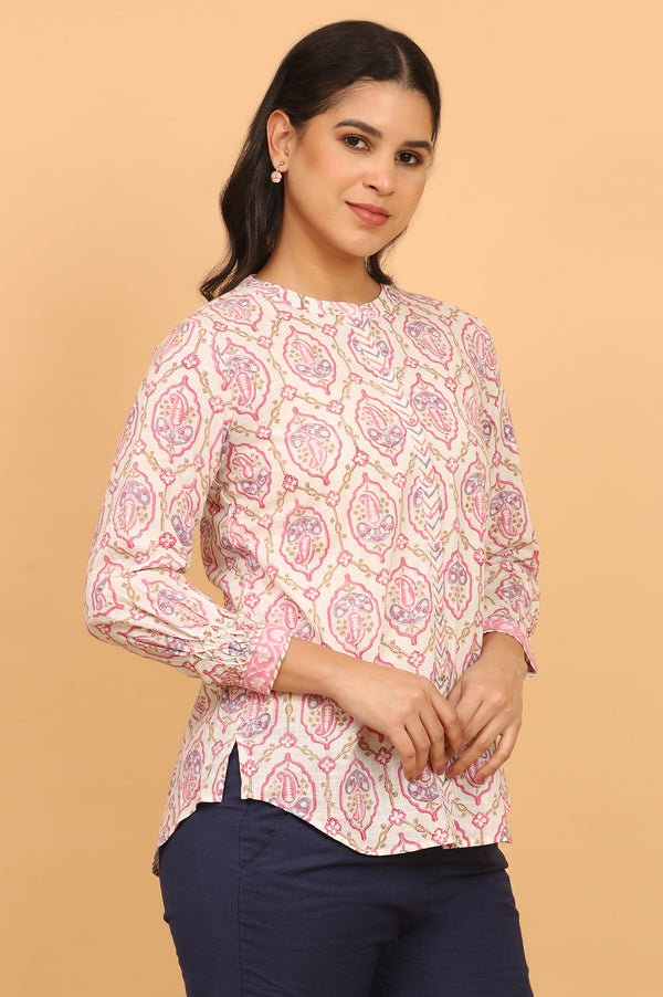 Pink and White Handblock Printed Shirt