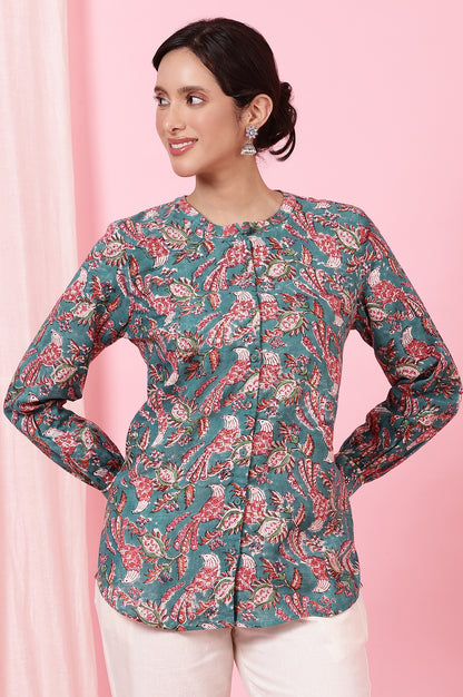 Teal Handblock Printed Shirt