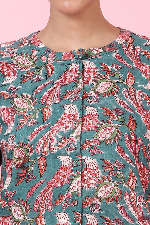 Teal Handblock Printed Shirt