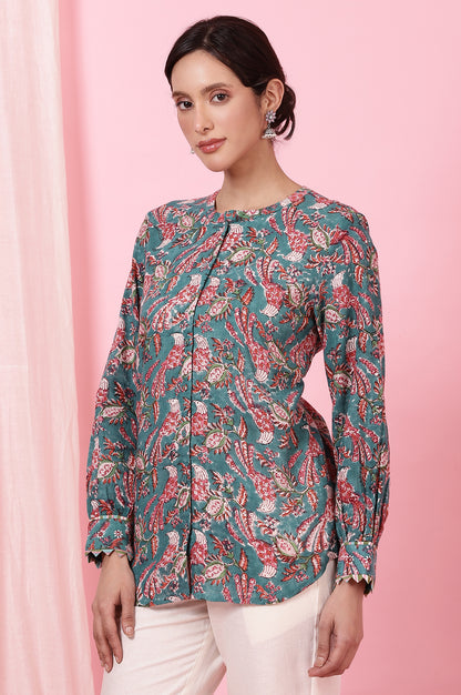 Teal Handblock Printed Shirt