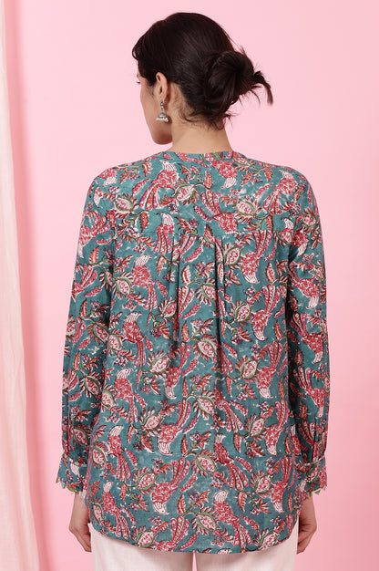 Teal Handblock Printed Shirt