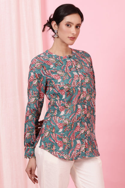 Teal Handblock Printed Shirt