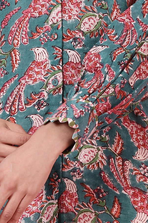 Teal Handblock Printed Shirt