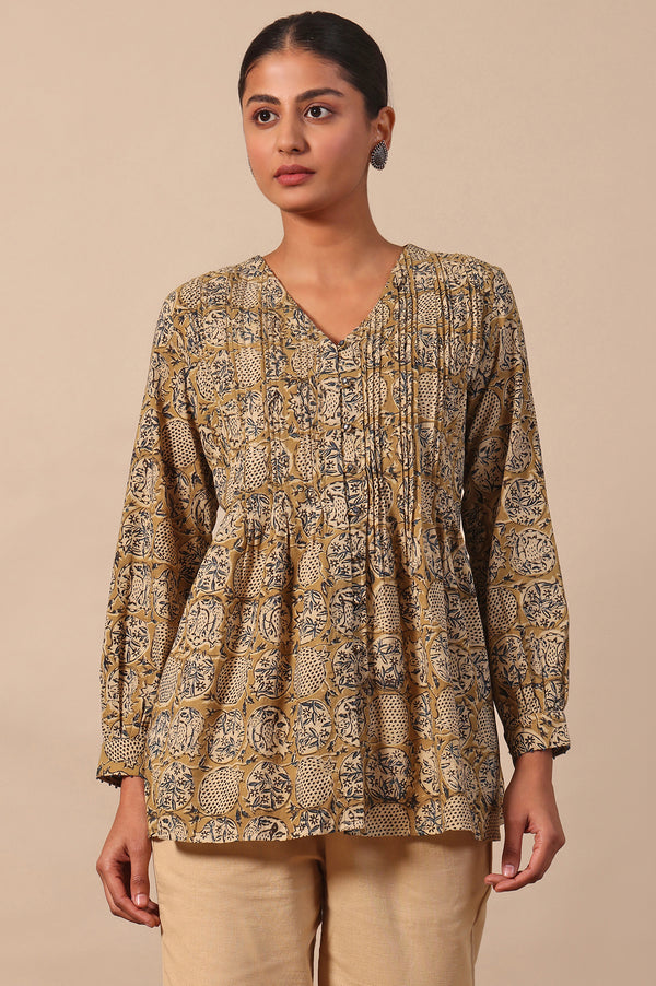 Yellow Floral Printed A-Line Pure Cotton Top