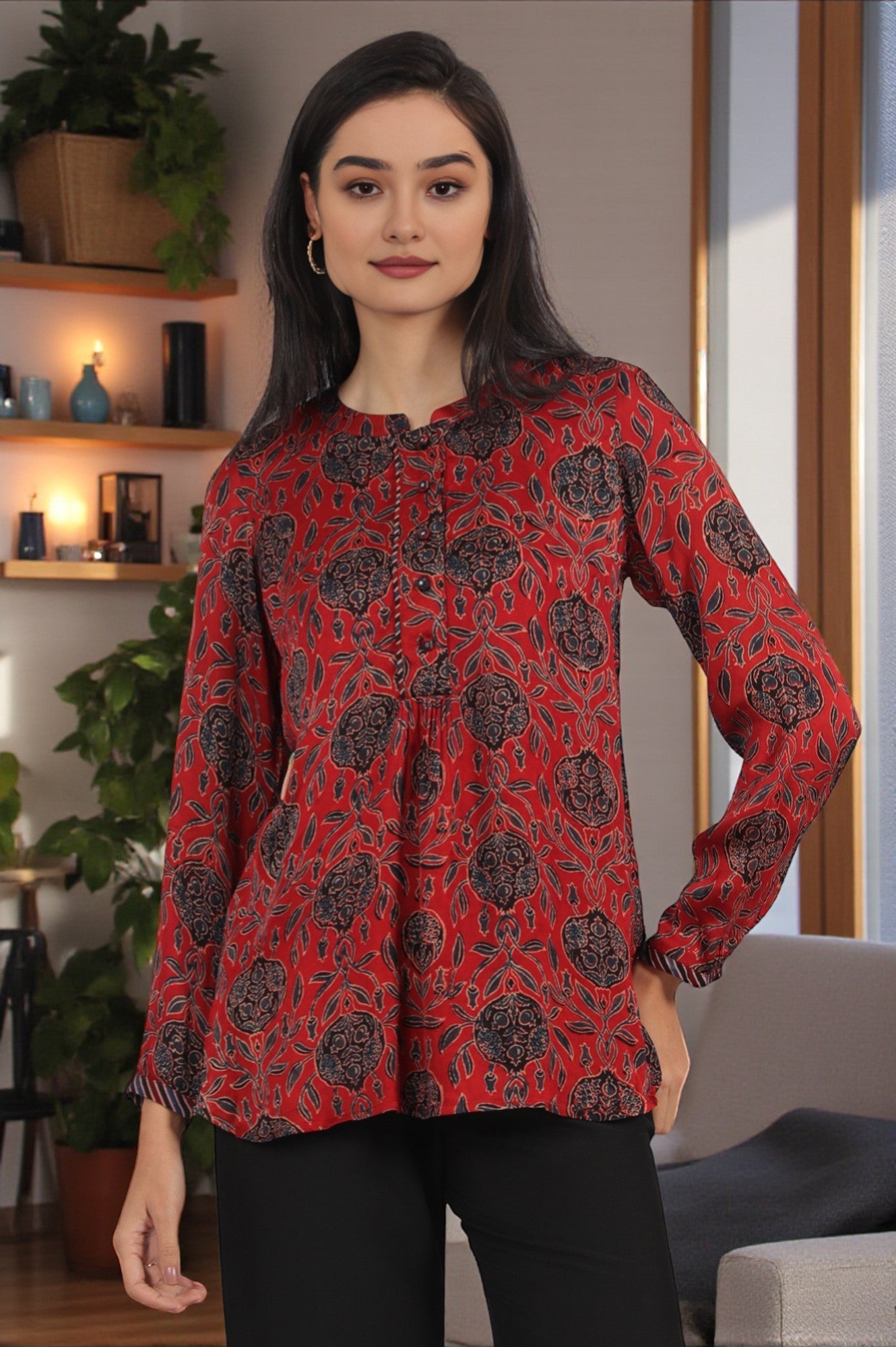 Brick Red Ajrakh printed Top in Fluid Modal Satin