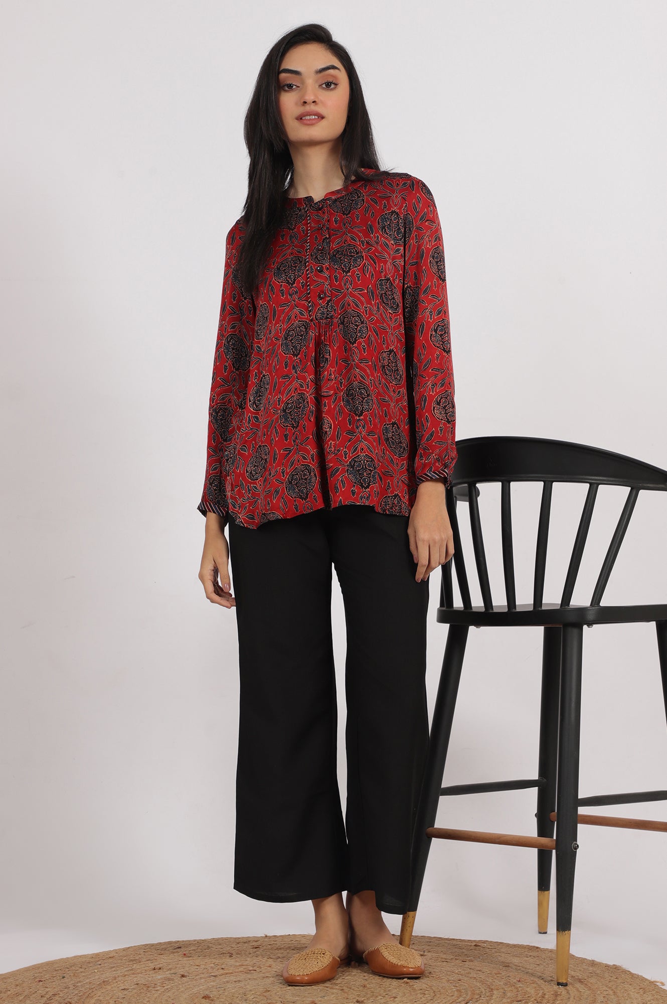 Brick Red Ajrakh printed Top in Fluid Modal Satin