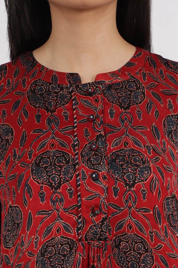 Brick Red Ajrakh printed Top in Fluid Modal Satin