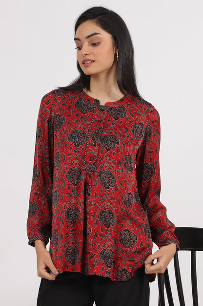 Brick Red Ajrakh printed Top in Fluid Modal Satin