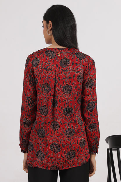 Brick Red Ajrakh printed Top in Fluid Modal Satin