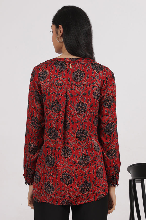Brick Red Ajrakh printed Top in Fluid Modal Satin