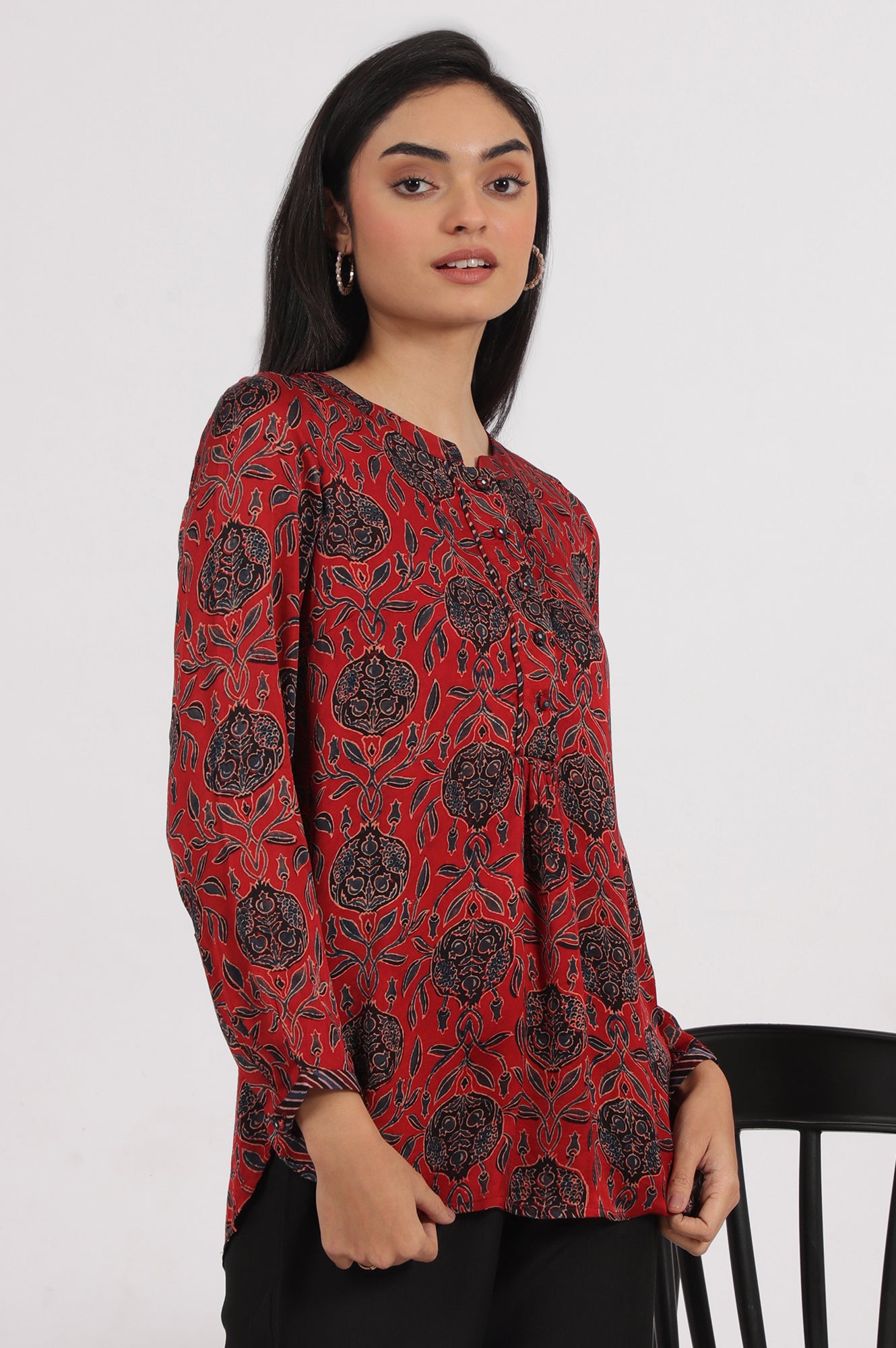 Brick Red Ajrakh printed Top in Fluid Modal Satin