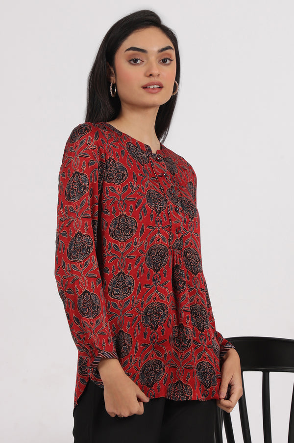 Brick Red Ajrakh printed Top in Fluid Modal Satin