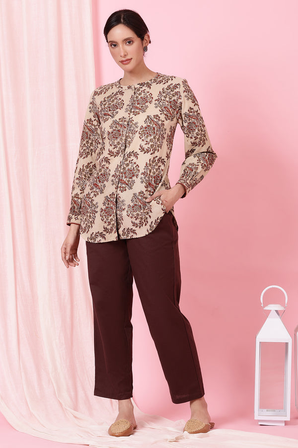 Beige Handblock Kalamkari Printed Shirt