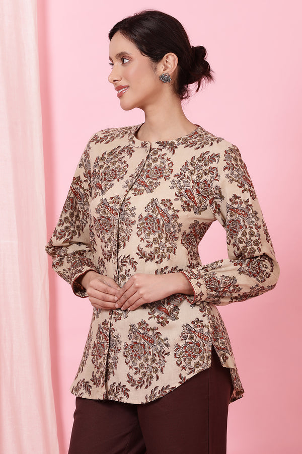 Beige Handblock Kalamkari Printed Shirt